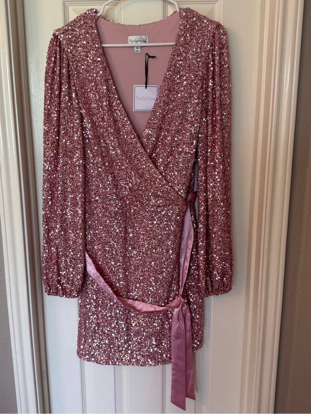Premier Rose Pink Sequin Wrap Mini Dress